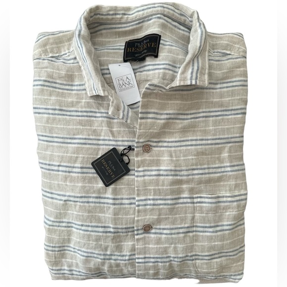 Jos A Bank Reserve LINEN Short Sleeve Button Up Shirt 2X NWT Blue Beige Stripe - Picture 3 of 13